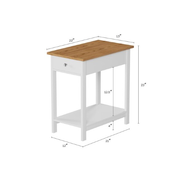 Hastings Home Side Table with Drawer Narrow End and Storage Shelf, 2 Toned Wood Stand for Bedroom (White and Oak) - 929821XLH