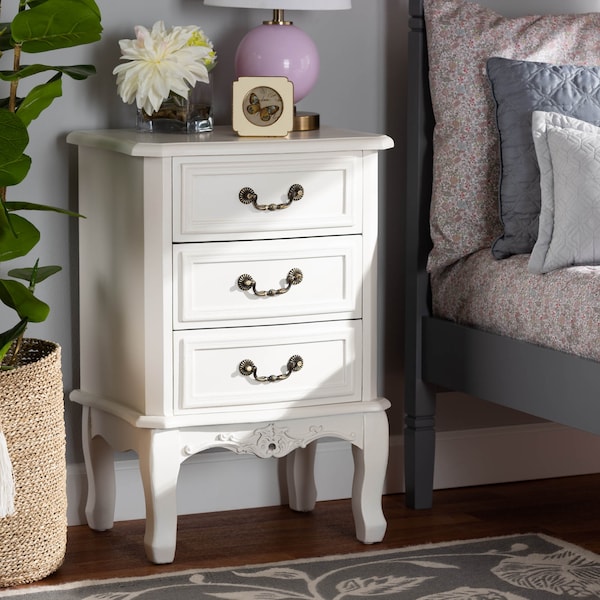 Baxton Studio Gabrielle White-Finished 3-Drawer Wood Nightstand - 162-10259
