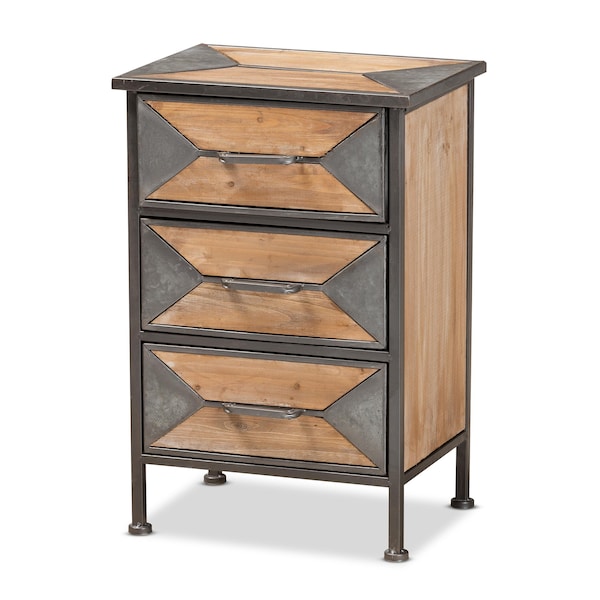 Baxton Studio Laurel Rustic Antique Grey Metal and Whitewashed Oak Brown Finished Wood 3-Drawer Nightstand - 182-11736-ZORO