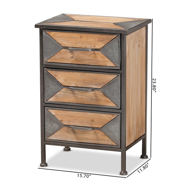 Baxton Studio Laurel Rustic Antique Grey Metal and Whitewashed Oak Brown Finished Wood 3-Drawer Nightstand - 182-11736-ZORO