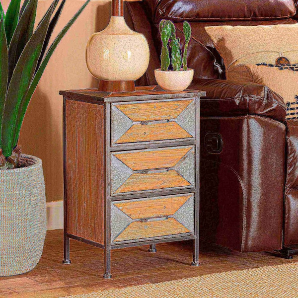 Baxton Studio Laurel Rustic Antique Grey Metal and Whitewashed Oak Brown Finished Wood 3-Drawer Nightstand - 182-11736-ZORO