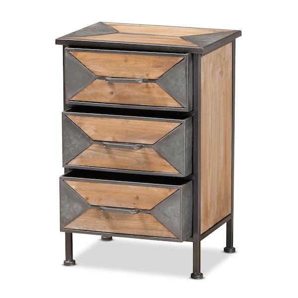 Baxton Studio Laurel Rustic Antique Grey Metal and Whitewashed Oak Brown Finished Wood 3-Drawer Nightstand - 182-11736-ZORO