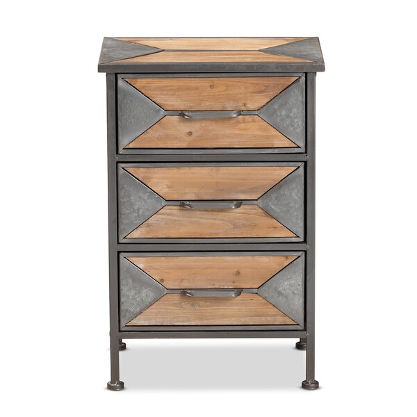 Baxton Studio Laurel Rustic Antique Grey Metal and Whitewashed Oak Brown Finished Wood 3-Drawer Nightstand - 182-11736-ZORO