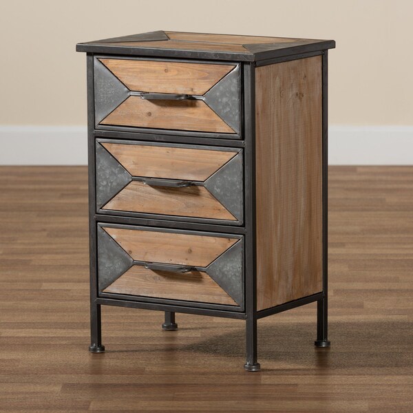 Baxton Studio Laurel Rustic Antique Grey Metal and Whitewashed Oak Brown Finished Wood 3-Drawer Nightstand - 182-11736-ZORO