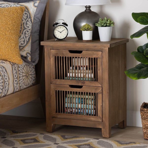 Baxton Studio Clement Oak Finished 2-Drawer Wood Spindle Nightstand - 162-10555
