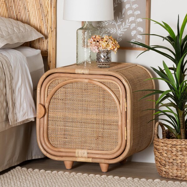 Bali & Pari Keita Bohemian Natural Rattan and Mahogany Wood Nightstand - 244-13671-ZORO