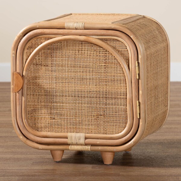 Bali & Pari Keita Bohemian Natural Rattan and Mahogany Wood Nightstand - 244-13671-ZORO