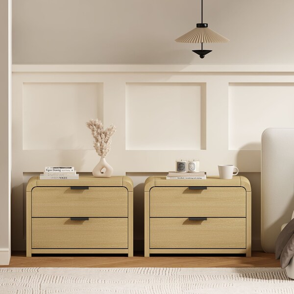 Manhattan Comfort Grace Nightstand in Natural Oak and Black - Set of 2 - 2-NS007-NO