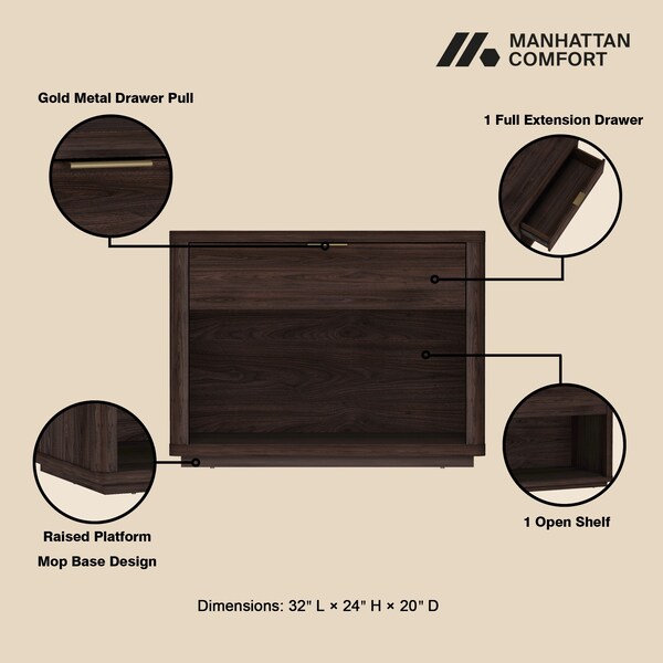 Manhattan Comfort Evelyn 32in Nightstand 2.0 in Brown - Set of 2 - 2-NS012-BR