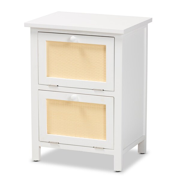 Baxton Studio Sariah Mid-Century White Finished Wood and Rattan 2-Door Nightstand - 199-12330-ZORO