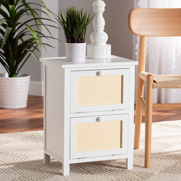 Baxton Studio Sariah Mid-Century White Finished Wood and Rattan 2-Door Nightstand - 199-12330-ZORO