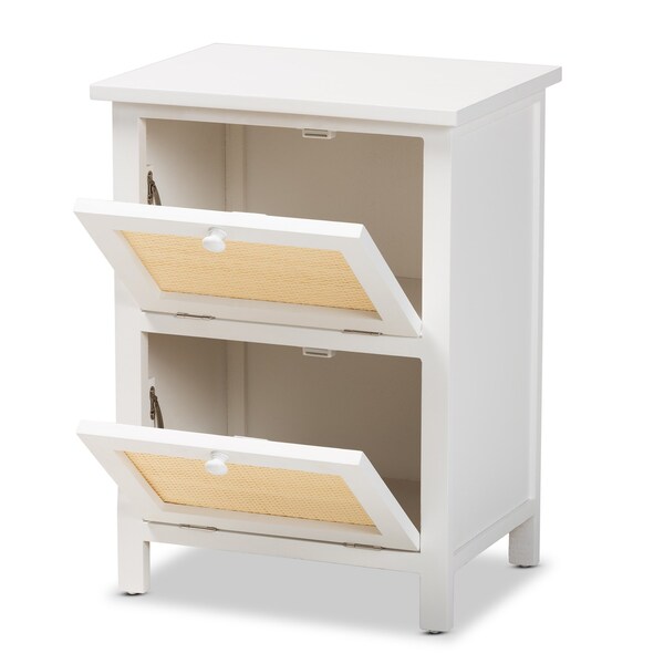 Baxton Studio Sariah Mid-Century White Finished Wood and Rattan 2-Door Nightstand - 199-12330-ZORO