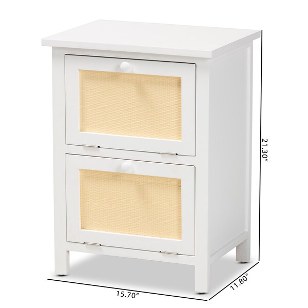 Baxton Studio Sariah Mid-Century White Finished Wood and Rattan 2-Door Nightstand - 199-12330-ZORO