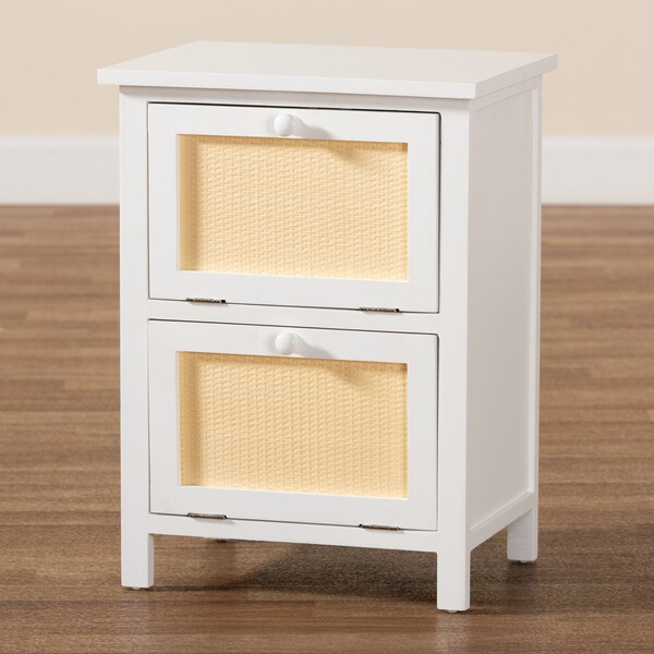 Baxton Studio Sariah Mid-Century White Finished Wood and Rattan 2-Door Nightstand - 199-12330-ZORO