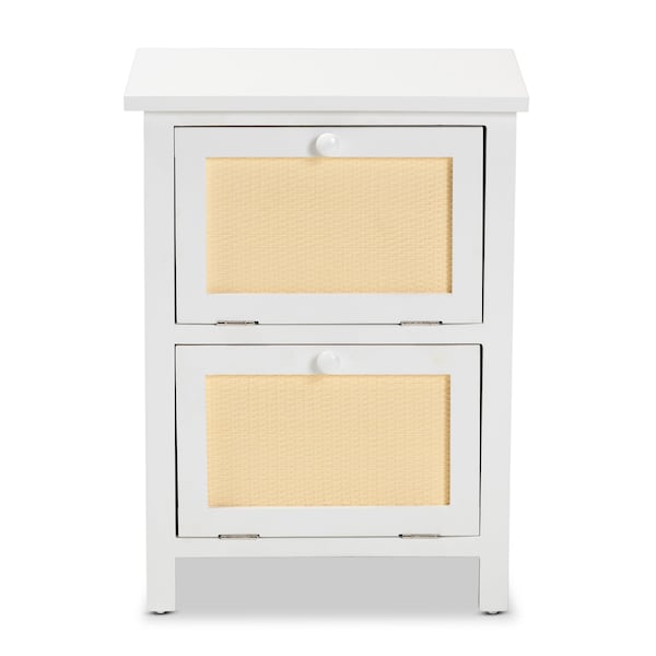 Baxton Studio Sariah Mid-Century White Finished Wood and Rattan 2-Door Nightstand - 199-12330-ZORO