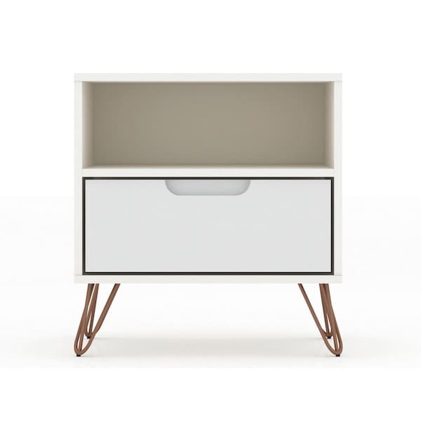 Designed To Furnish Rockefeller 1.0 Mid-Century- Modern Nightstand with 1-Drawer in White, 21.65 x 20.08 x 17.62 in. - DE2616274