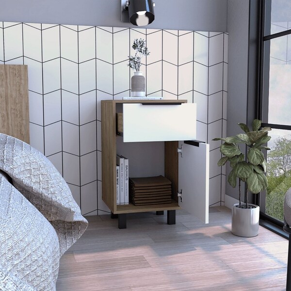Tuhome Kaia Z Nightstand, One Drawer, One Cabinet, Four Legs, Superior Top, Pine/White - MMB7907