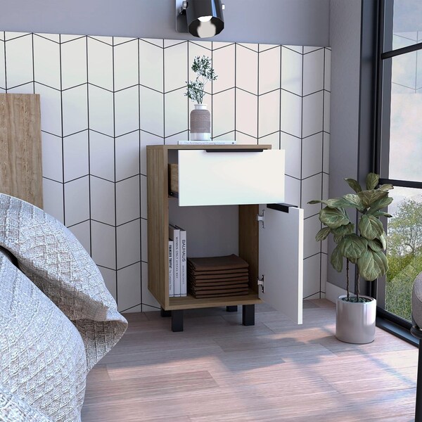 Tuhome Kaia Z Nightstand, One Drawer, One Cabinet, Four Legs, Superior Top, Pine/White - MMB7907