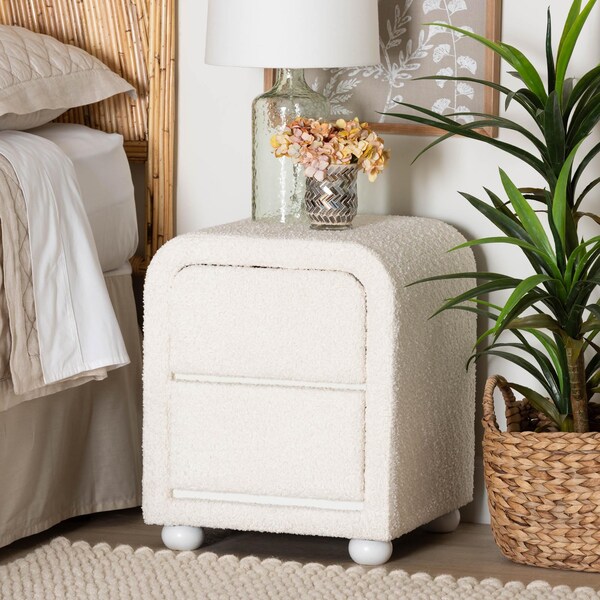 Baxton Studio Bonilla Modern White Teddy-Bear Fabric and Rubberwood 2-Drawer Nightstand - 244-13651-ZORO