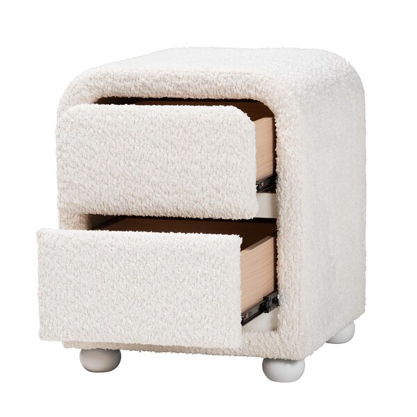 Baxton Studio Bonilla Modern White Teddy-Bear Fabric and Rubberwood 2-Drawer Nightstand - 244-13651-ZORO