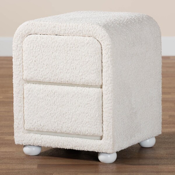 Baxton Studio Bonilla Modern White Teddy-Bear Fabric and Rubberwood 2-Drawer Nightstand - 244-13651-ZORO