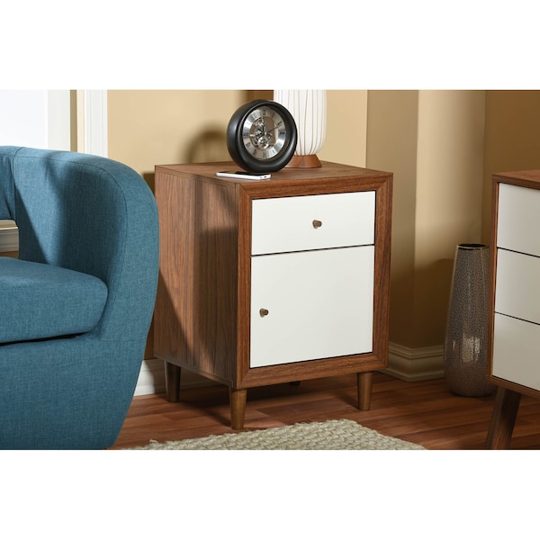 Baxton Studio Harlow Mid-century White and Walnut 1-drawer and 1-door Nightstand - 121-6783