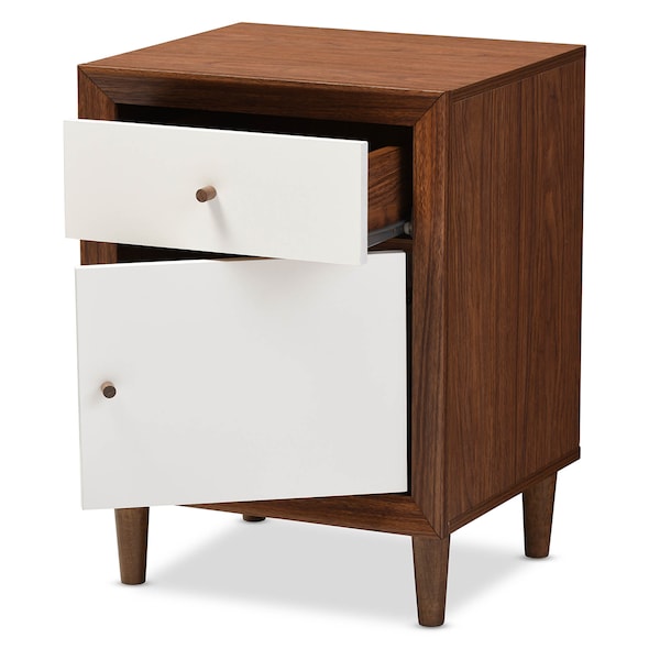 Baxton Studio Harlow Mid-century White and Walnut 1-drawer and 1-door Nightstand - 121-6783