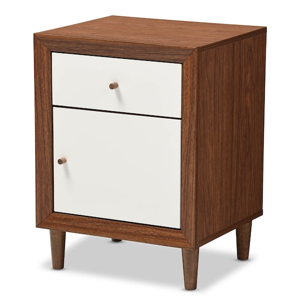 Baxton Studio Harlow Mid-century White and Walnut 1-drawer and 1-door Nightstand - 121-6783