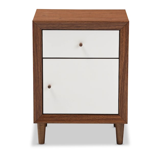 Baxton Studio Harlow Mid-century White and Walnut 1-drawer and 1-door Nightstand - 121-6783