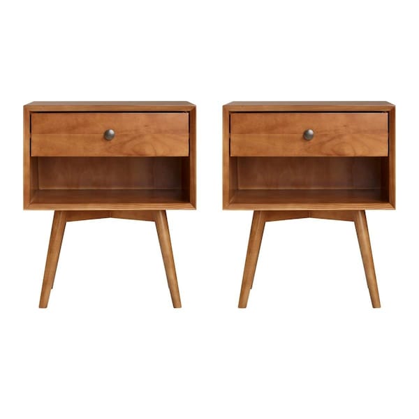 Walker Edison Furniture Walker Edison  1-Drawer Mid-Century Solid Wood Nightstand, Caramel, 2PK - BR25MC1DCA-2PK