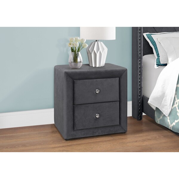 Monarch Specialties Bedroom Accent, Nightstand, End, Side, Lamp, Storage Drawer, Bedroom, Upholstered, Velvet, Grey - I 5607