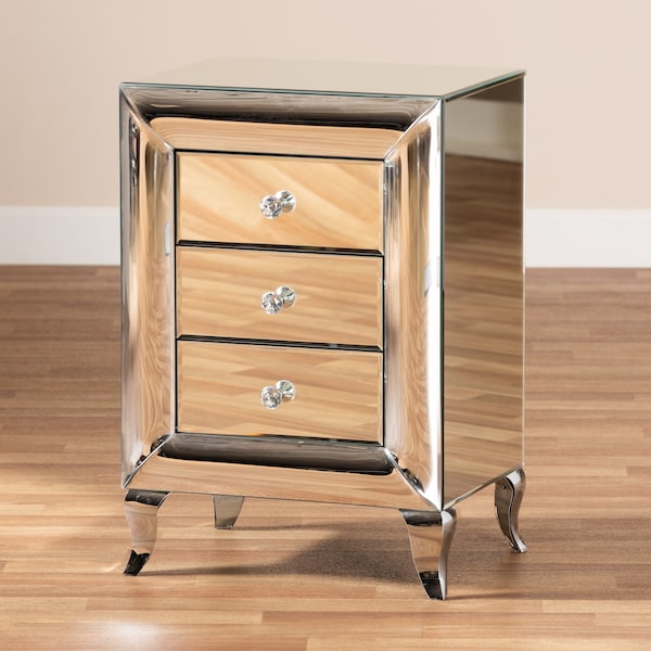 Baxton Studio Pauline Contemporary Glam and Luxe Mirrored 3-Drawer Nightstand - 177-11068-ZORO