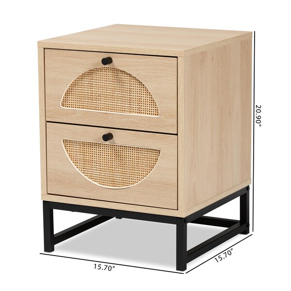 Baxton Studio Ardon Bohemian Light Brown Finished Wood and Black Metal 2-Drawer Nightstand with Natural Rattan - 196-12078-ZORO
