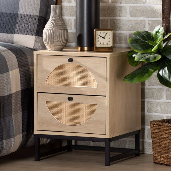 Baxton Studio Ardon Bohemian Light Brown Finished Wood and Black Metal 2-Drawer Nightstand with Natural Rattan - 196-12078-ZORO
