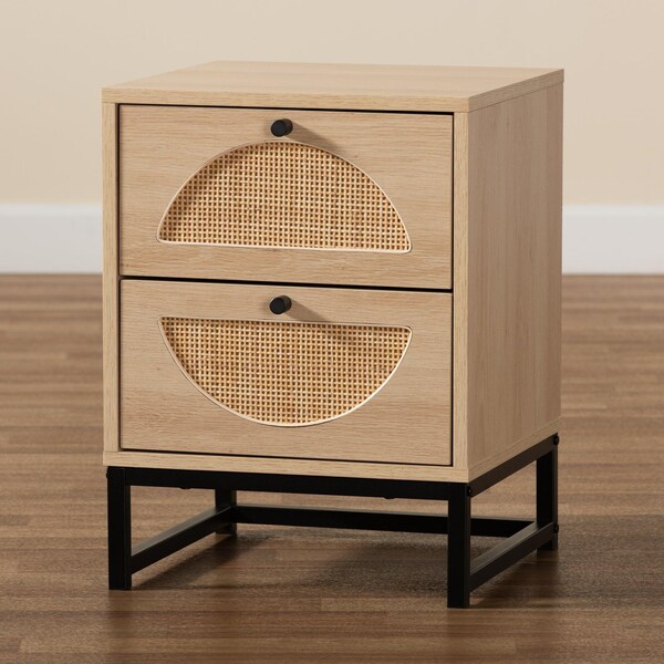 Baxton Studio Ardon Bohemian Light Brown Finished Wood and Black Metal 2-Drawer Nightstand with Natural Rattan - 196-12078-ZORO