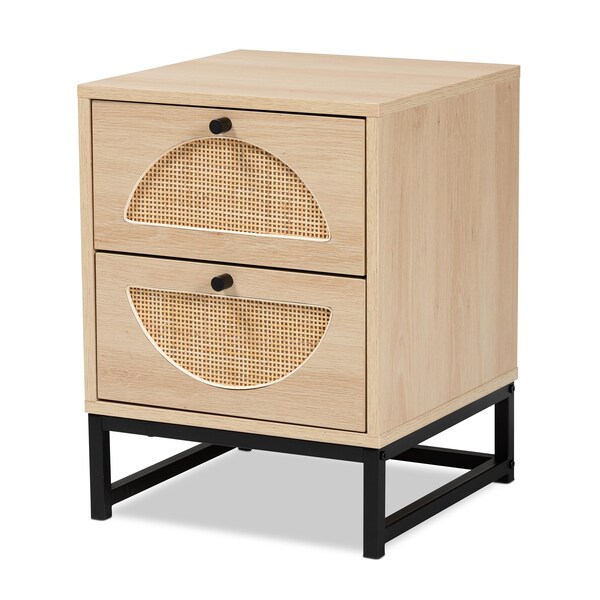 Baxton Studio Ardon Bohemian Light Brown Finished Wood and Black Metal 2-Drawer Nightstand with Natural Rattan - 196-12078-ZORO