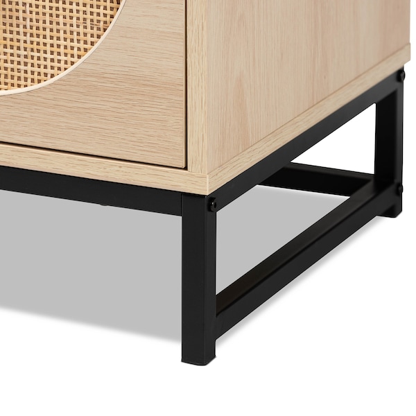 Baxton Studio Ardon Bohemian Light Brown Finished Wood and Black Metal 2-Drawer Nightstand with Natural Rattan - 196-12078-ZORO