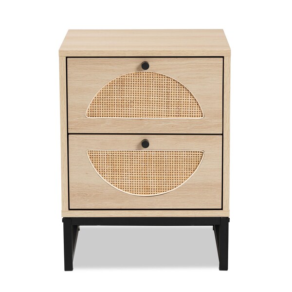 Baxton Studio Ardon Bohemian Light Brown Finished Wood and Black Metal 2-Drawer Nightstand with Natural Rattan - 196-12078-ZORO
