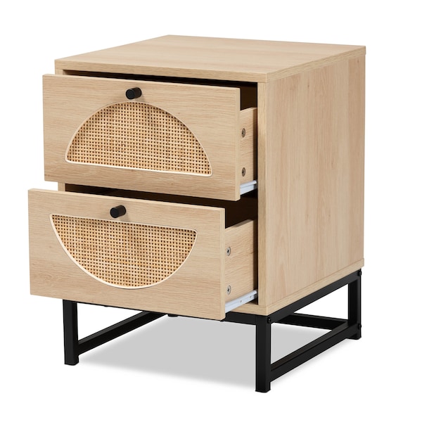 Baxton Studio Ardon Bohemian Light Brown Finished Wood and Black Metal 2-Drawer Nightstand with Natural Rattan - 196-12078-ZORO