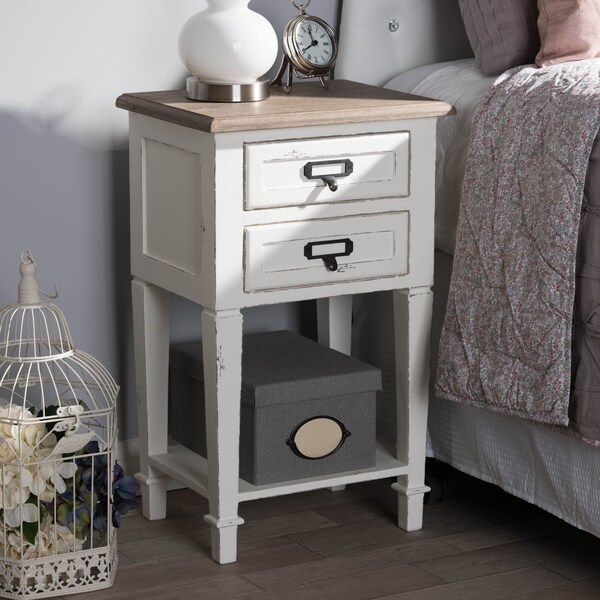 Baxton Studio Dauphine Oak and White Wash Distressed Finish Wood Nightstand - 137-7577