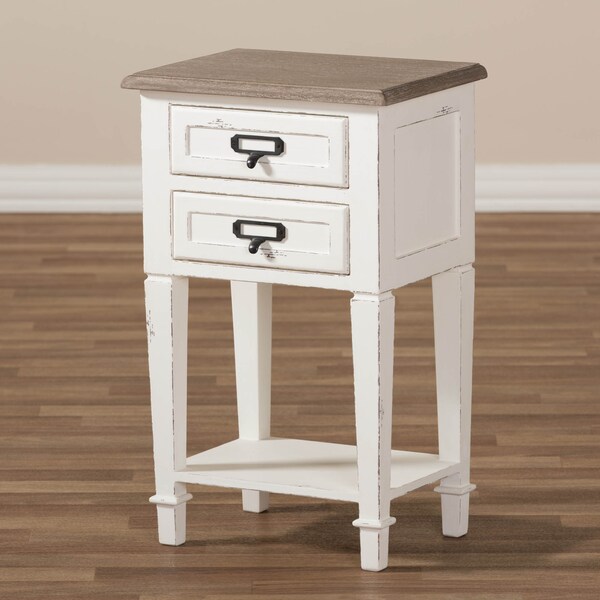 Baxton Studio Dauphine Oak and White Wash Distressed Finish Wood Nightstand - 137-7577