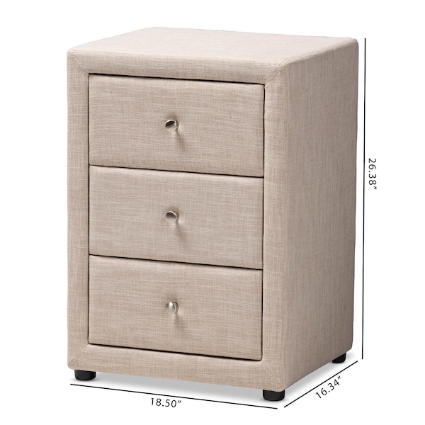 Baxton Studio Tessa Modern Beige Upholstered 3-Drawer Nightstand - 147-8162