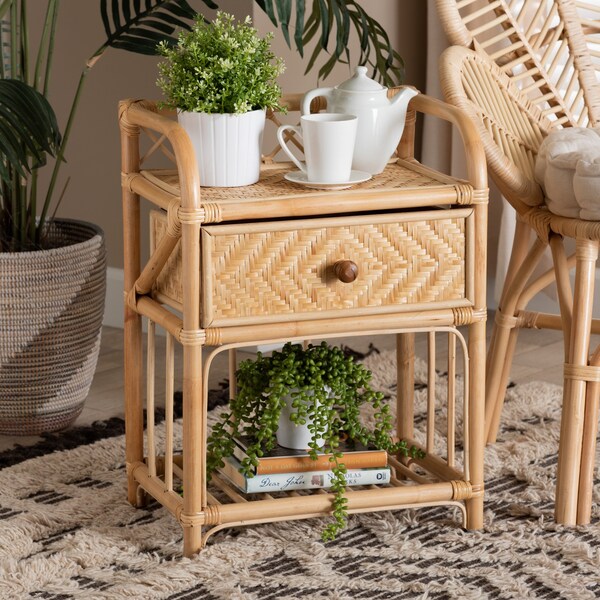 Baxton Studio Kobie Modern Bohemian Natural Brown Rattan 1-Drawer Nightstand - 226-13120-ZORO