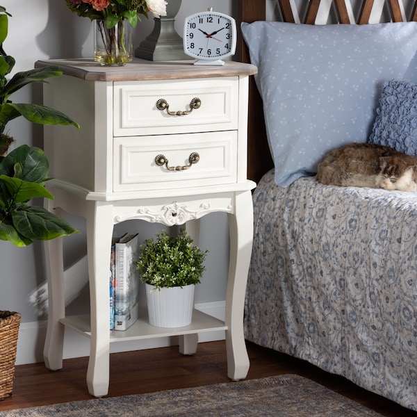 Baxton Studio Amalie White and Oak Finished 2-Drawer Wood Nightstand - 160-10239