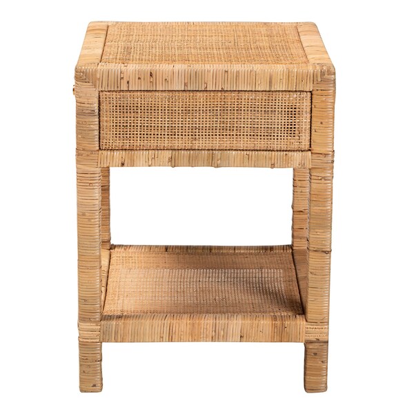 Baxton Studio Adelia Modern Bohemian Natural Rattan and Mahogany Wood 1-Drawer Nightstand - 229-13149-ZORO