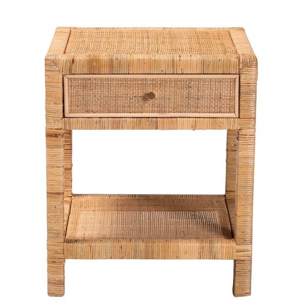 Baxton Studio Adelia Modern Bohemian Natural Rattan and Mahogany Wood 1-Drawer Nightstand - 229-13149-ZORO