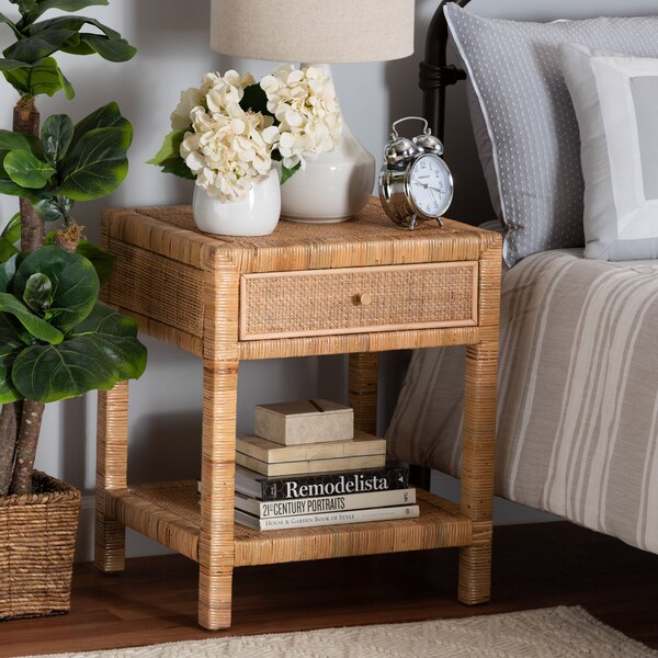 Baxton Studio Adelia Modern Bohemian Natural Rattan and Mahogany Wood 1-Drawer Nightstand - 229-13149-ZORO