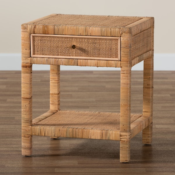 Baxton Studio Adelia Modern Bohemian Natural Rattan and Mahogany Wood 1-Drawer Nightstand - 229-13149-ZORO