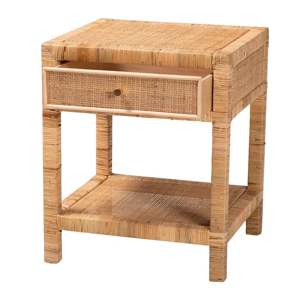 Baxton Studio Adelia Modern Bohemian Natural Rattan and Mahogany Wood 1-Drawer Nightstand - 229-13149-ZORO