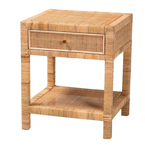 Baxton Studio Adelia Modern Bohemian Natural Rattan and Mahogany Wood 1-Drawer Nightstand - 229-13149-ZORO